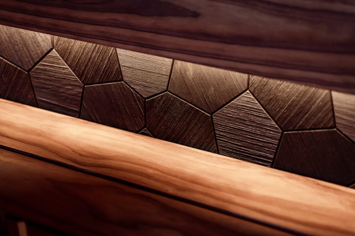 Close-up of stylish wood panels in a modern indoor sauna, featuring ambient LED lighting.